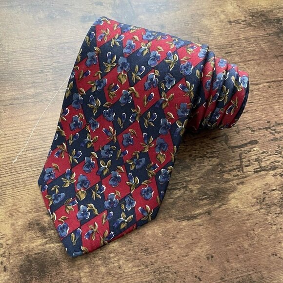 Vintage Brooks Brothers Makers Silk Tie Red Black Blue Diamond Floral Necktie - Picture 1 of 7
